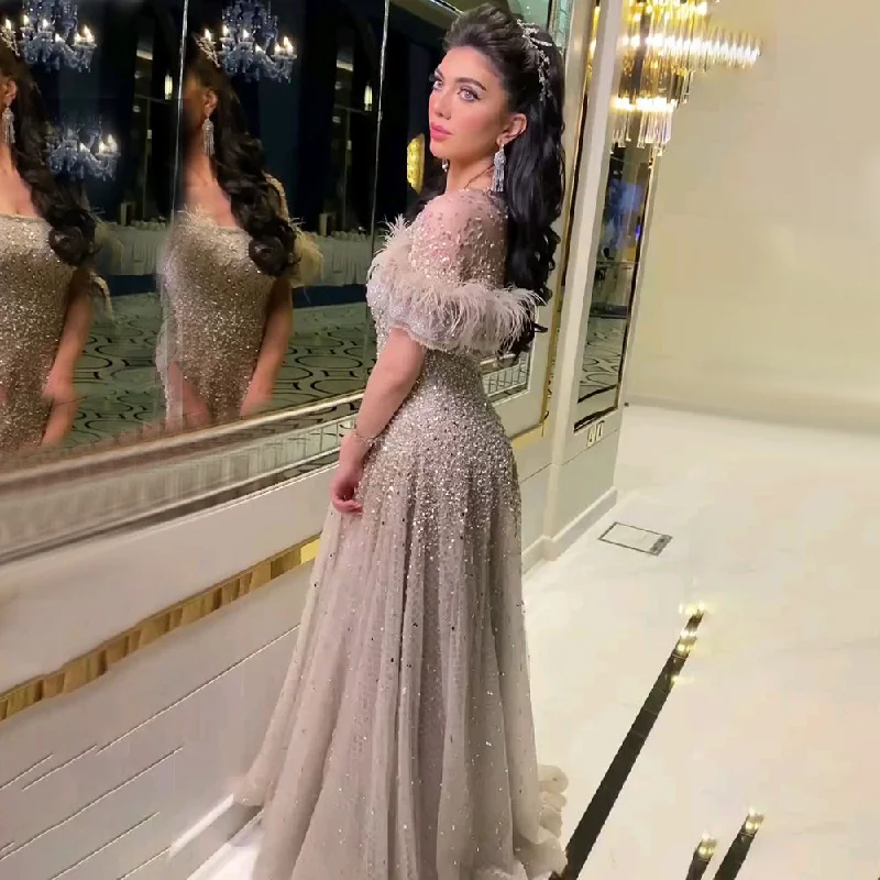 Serene Hill Caramel A-Line Luxury Evening Dresses Gowns 2024 Feather Beaded Sweetheart For Women Party LA71720
