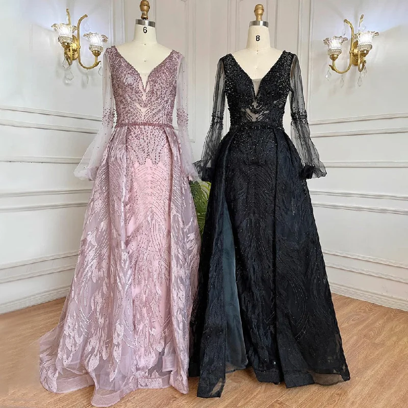 Serene Hill Pink Luxury A-Line Evening Dresses Gowns 2024 Beaded Over-skirt For Women Party LA71869