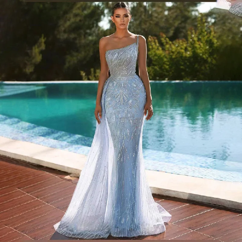 Serene Hill Blue Mermaid Elegant With Overskirt Sexy One Shoulder Luxury Beaded Evening Dresses Gowns 2024 Women Party LA71730