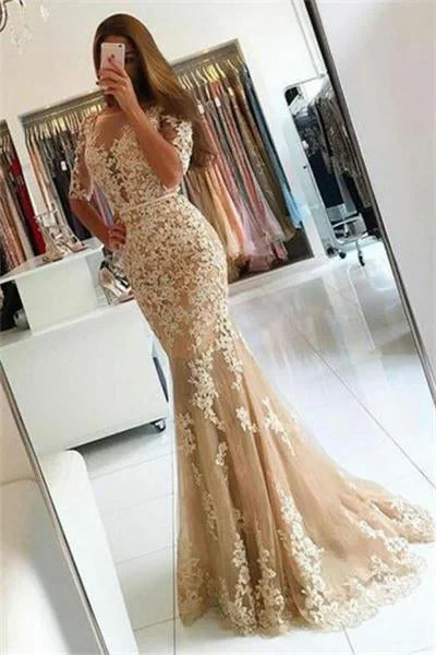Classy Mermaid Open Back Long Lace Tulle Prom Dress With Sleeves