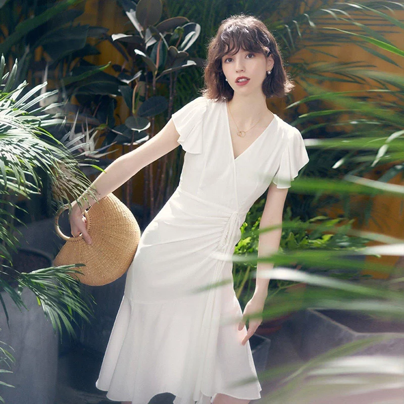 White V-Neck Cap Sleeve Ruffle Dress