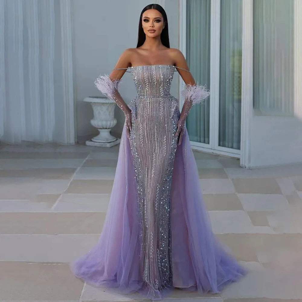 Serene Hill Lilac Mermaid Strapless Overskirt Feather Beaded Evening Dresses With Gloves Gowns 2024 For Women Party LA72029