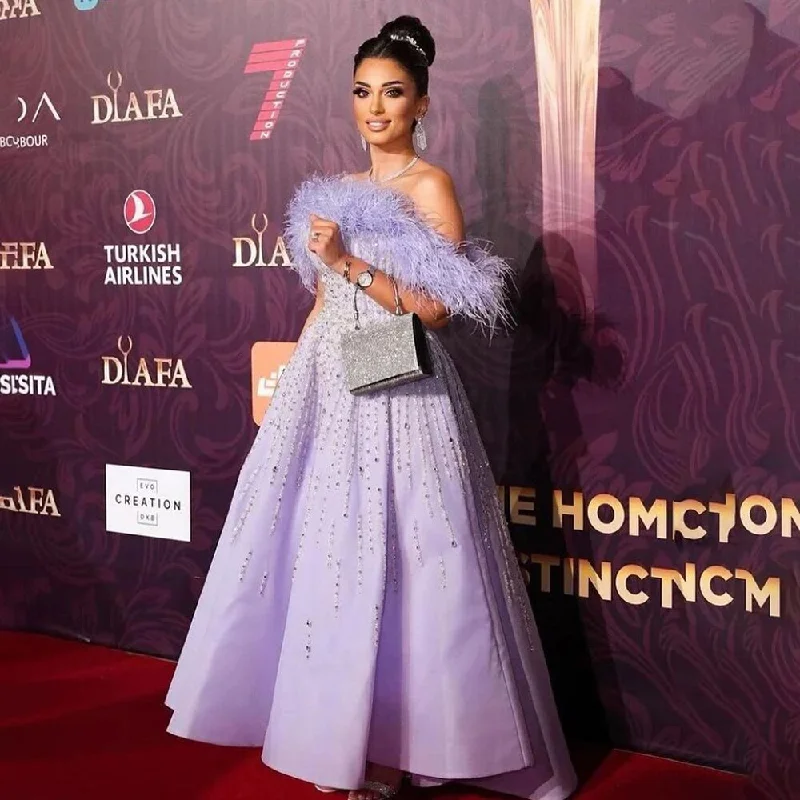 SERENE HILL  Sexy Off Shoulder A Line Feather Beaded Luxury Evening Dresses Gowns For Women Arabic Party 2024 LA71844