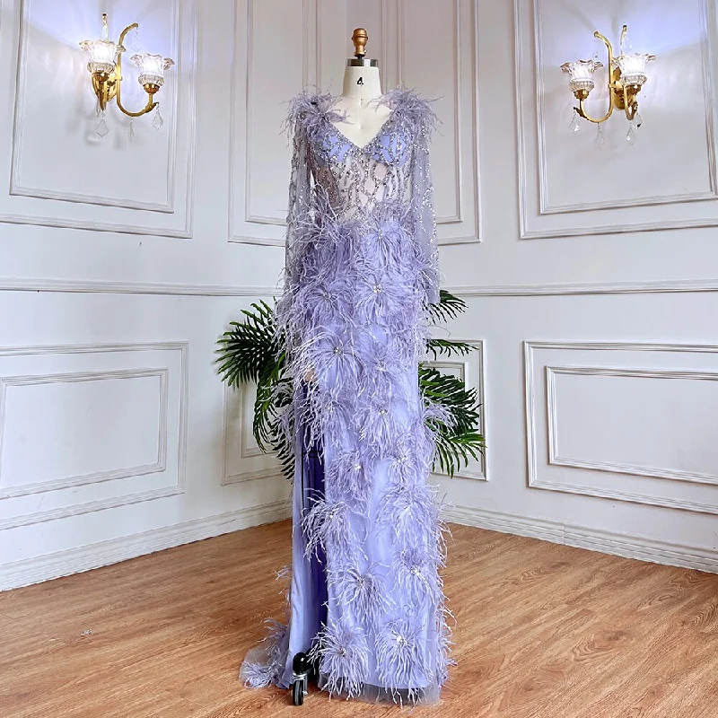 Serene Hill Arabic Lilac Mermaid Sexy High Split With Skirt Beaded Feathers Evening Dresses Gowns 2024 For Women Party LA71989 Serene Hill Arabic Lilac Mermaid Sexy High Split With Skirt Beaded Feathers Evening Dresses Gowns 2024 For Women Party LA71989