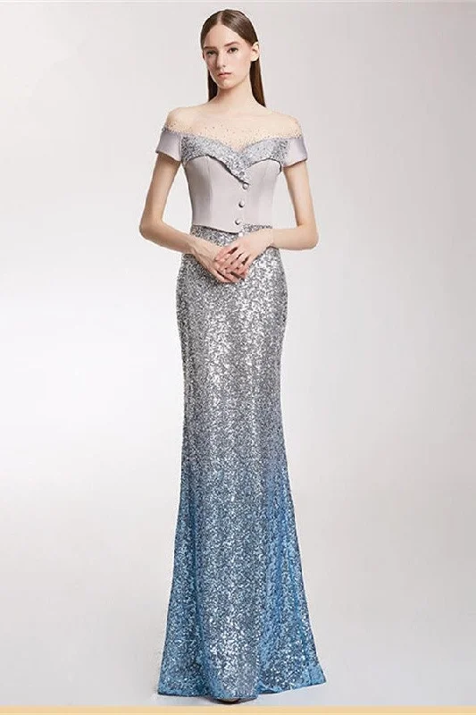 Modest Vintage Short Sleeves Long Sheath Sequins Prom Dress