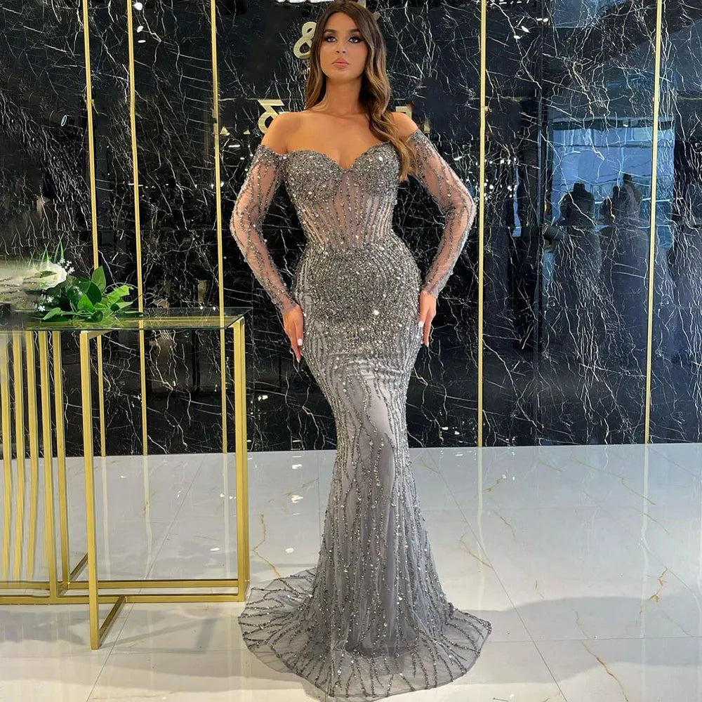 Serene Hill Grey Mermaid Spaghetti Strap Luxury Beaded Elegant Evening Dresses Gowns 2024 For Woman Wedding Party LA71650