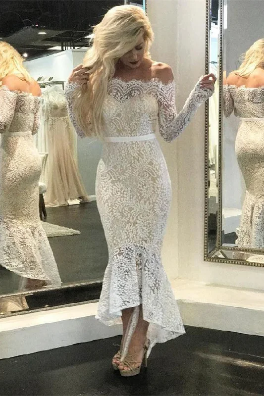 Elegant White Long Sleeves Zipper Back Mermaid Lace Prom Dress