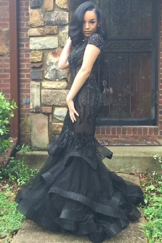 Sexy Black Mermaid Short Sleeves Long Prom Dress