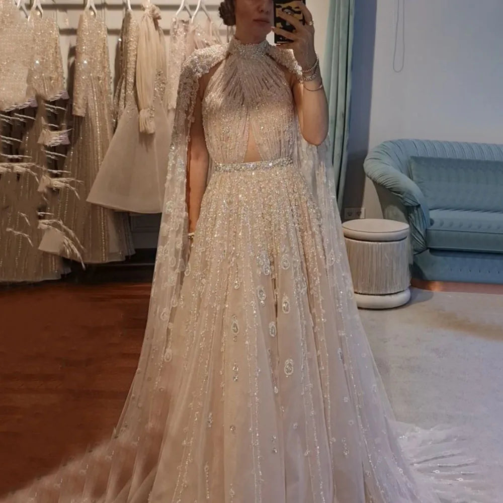 Serene Hill Dubai Arabic Luxury Nude A Line Beaded Evening Dresses With Cape Sleeves Gowns For Women Wedding Party 2024 LA71803 Serene Hill Dubai Arabic Luxury Nude A Line Beaded Evening Dresses With Cape Sleeves Gowns For Women Wedding Party 2024 LA71803