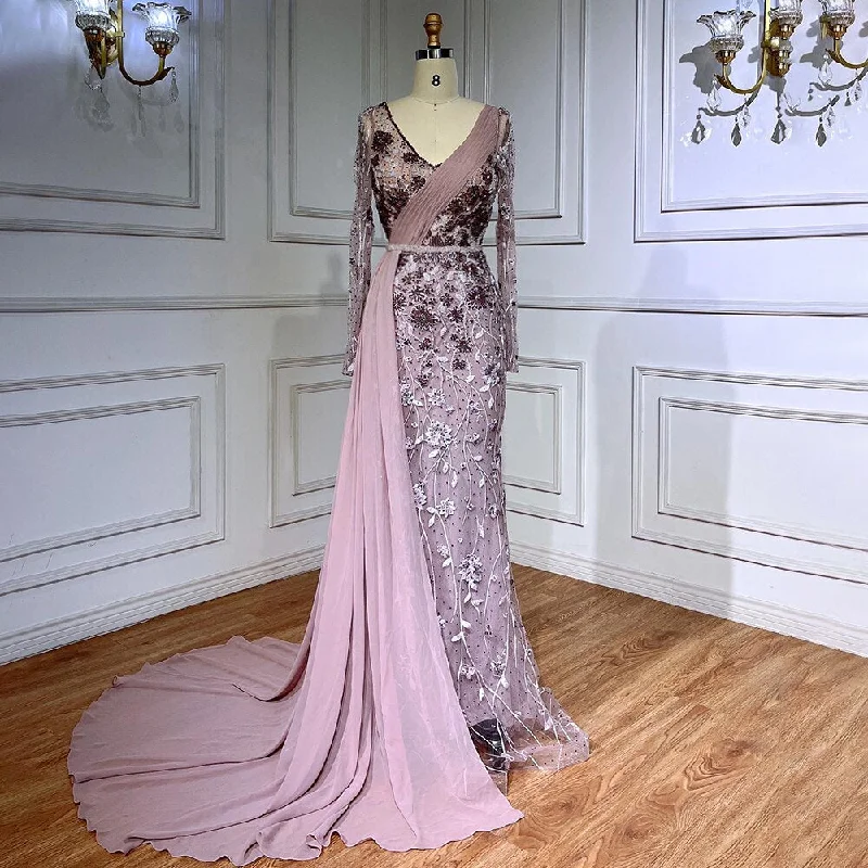 Serene Hill Pink Elegant Mermaid Sexy With Overskirt Beaded Luxury Evening Dresses Gowns For Women Arabic Party 2024 LA71835