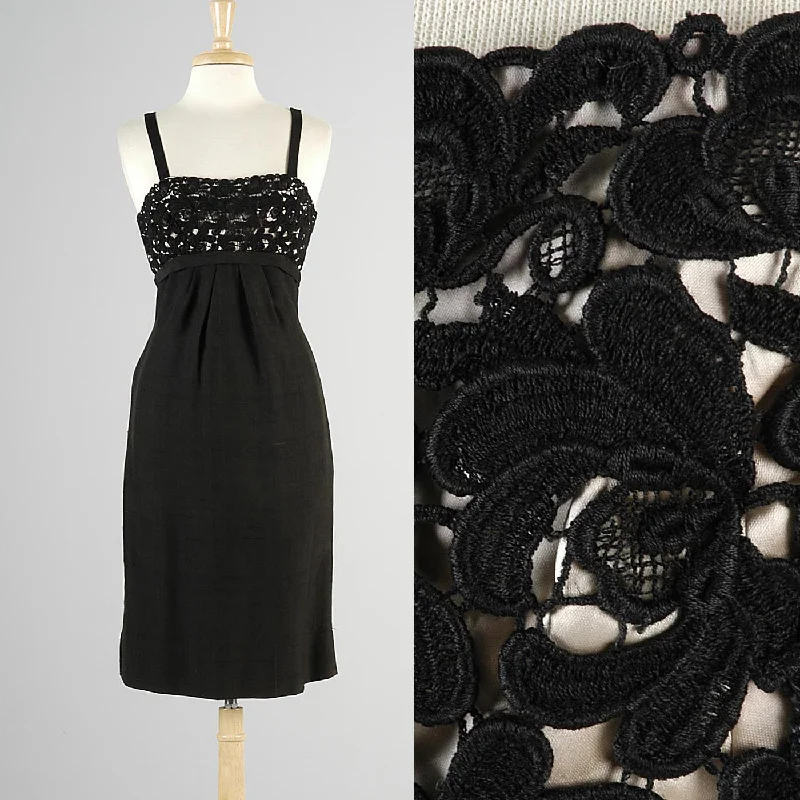 1950s Black Silk Dress with Illusion Bust