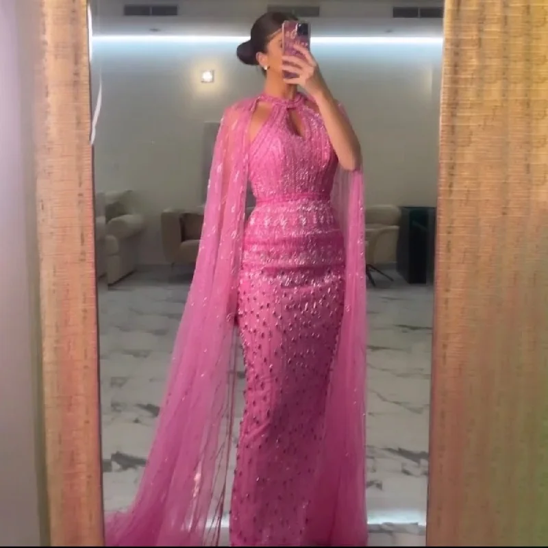 Serene Hill Pink Mermaid Elegant Cape Sleeves Beaded Luxury Evening Dresses Gowns For Women Arabic Party 2024 LA71817 Serene Hill Pink Mermaid Elegant Cape Sleeves Beaded Luxury Evening Dresses Gowns For Women Arabic Party 2024 LA71817