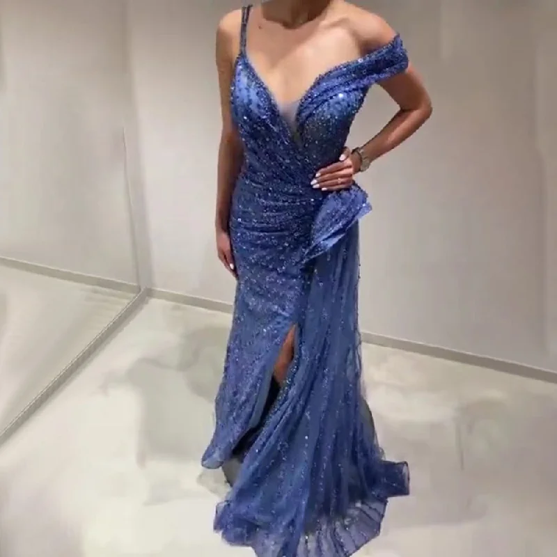 On Sale  no return no refundSerene Hill Blue Mermaid Split Evening Dresses Gowns 2024 Beaded Elegant Luxury For Women Party LA71663