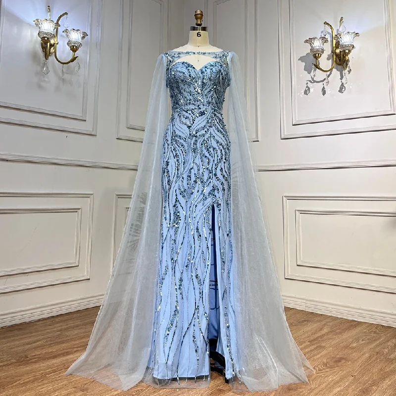 Serene Hill Blue Mermaid Sexy Long Cape Sleeves Evening Dresses High Slipt Gowns Luxury Beaded 2024 For Women Party LA72015 Serene Hill Blue Mermaid Sexy Long Cape Sleeves Evening Dresses High Slipt Gowns Luxury Beaded 2024 For Women Party LA72015