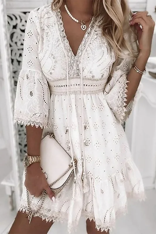 Wjczt  Sweet Elegant Solid Tassel Embroidered Hollowed Out V Neck A Line Dresses