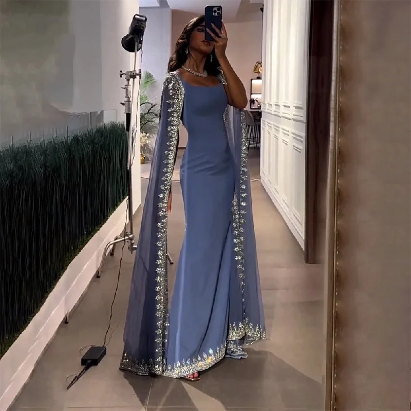 Serene Hill Blue Cape Sleeves Luxury Evening Dresses Gowns 2024 Mermaid Beaded Elegant For Women Party LA72086