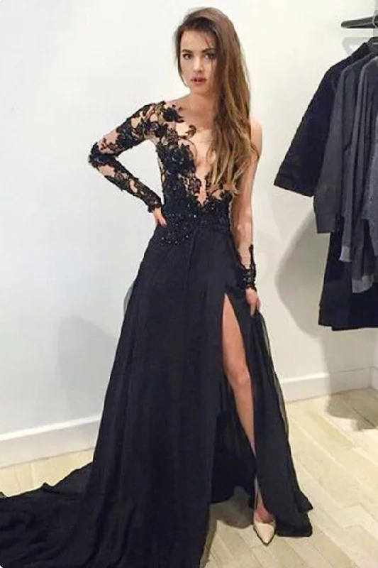 Front Split Long Sleeves Lace Chiffon Tulle Long Black Prom Dress For Teens