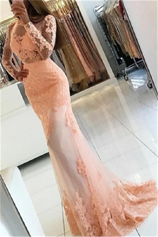 Pretty Pink Mermaid High Neck Open Back Long Prom Dress With Sleeves