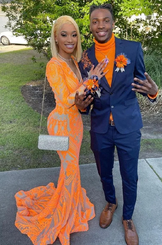 Mermaid Orange V-Neck Sweep Train Long Sleeves Prom Dress PD0567