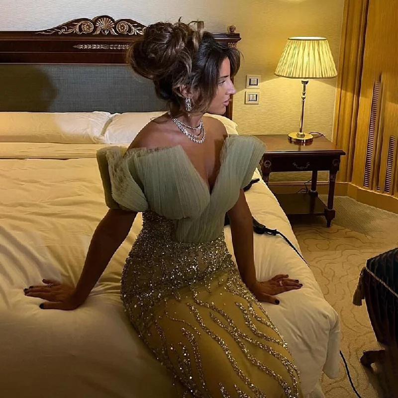Serene Hill Mint Green Mermaid Elegant Sexy V-Neck Evening Dresses Gowns 2024 Luxury Pearls Beaded For Women Party LA71719