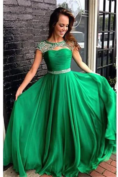 A-line Cap Sleeves Open Back Beading Chiffon Long Prom Dress