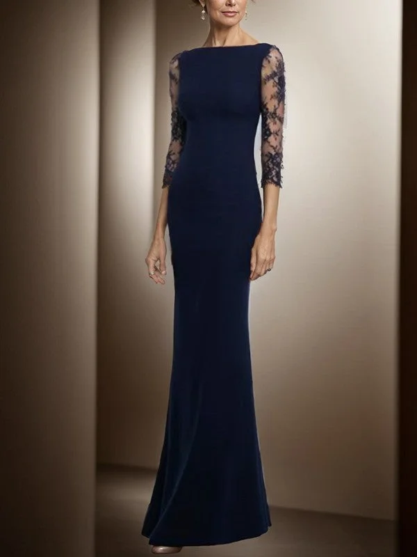 Tight fit/cylindrical zipper decal small boat 3/4 sleeve crepe to ground length mother of the bride dresses Tight fit/cylindrical zipper decal small boat 3/4 sleeve crepe to ground length mother of the bride dresses