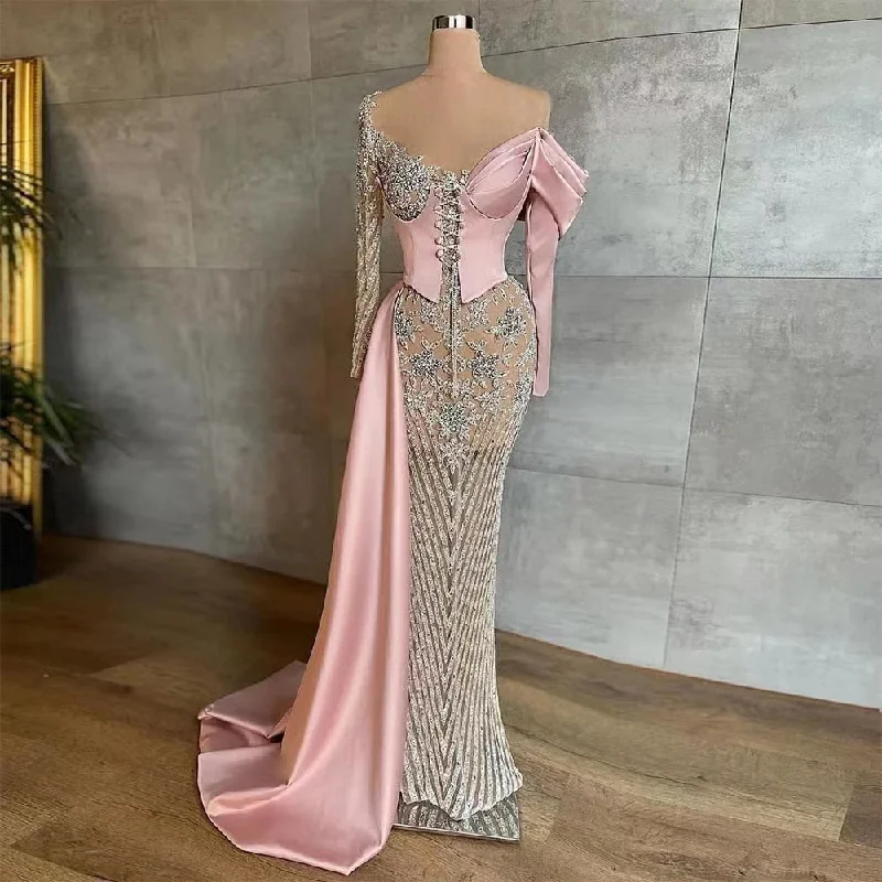 Serene Hill Arabic Pink Satin Mermaid Elegant With Overskirt Beaded Evening Dresses Gowns 2024 For Women Wedding Party LA71946 Serene Hill Arabic Pink Satin Mermaid Elegant With Overskirt Beaded Evening Dresses Gowns 2024 For Women Wedding Party LA71946
