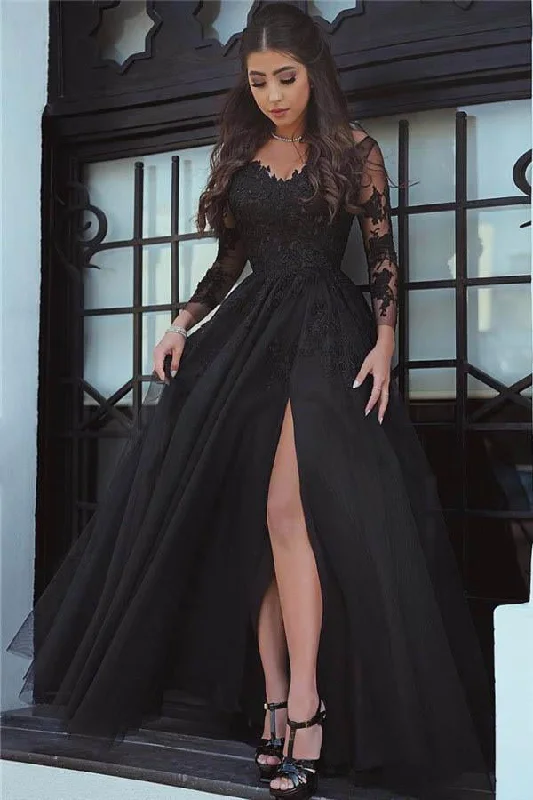 Modest Black A-line Long Sleeves Lace Evening Prom Dress