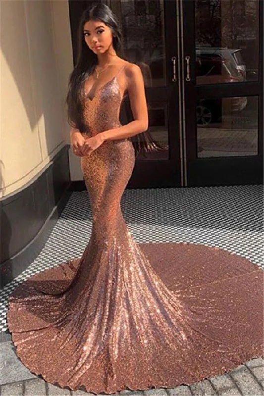 Sexy Spaghetti-Straps Sequins Mermaid Prom Dresses | Sleeveless V-Neck Prom Gown