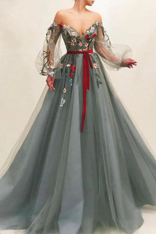 A Line Tulle Off The Shoulder Long Sleeves Long Prom Dress With Flowers