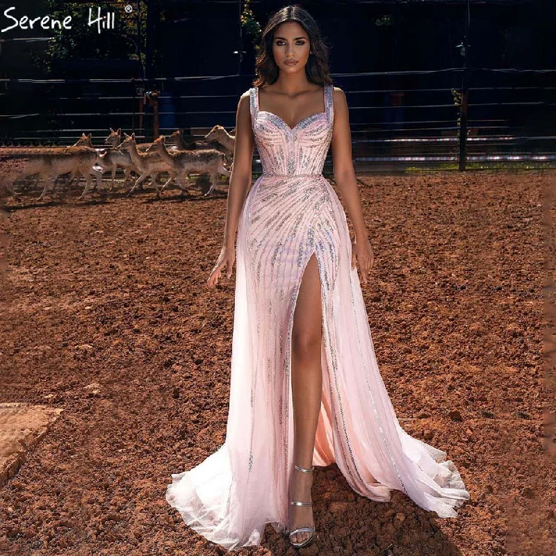 Serene Hill Pink Meramid Luxury Evening Dresses Gowns 2024 Beaded Elegant High Split For Women Party LA71373