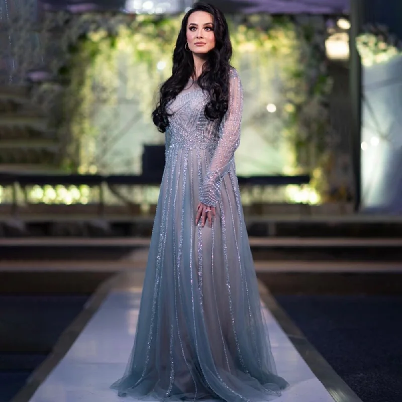 Serene Hill Luxury Turquoise Nude A-Line Evening Dresses Gowns Long Sleeves Beaded Elegant 2022 For Women Party LA71659