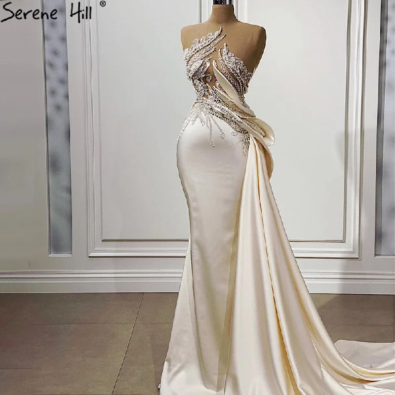 Serene Hill Beige Mermaid Overskirt Evening Dresses Gowns 2024 Satin Beaded Elegant For Women Party LA71199