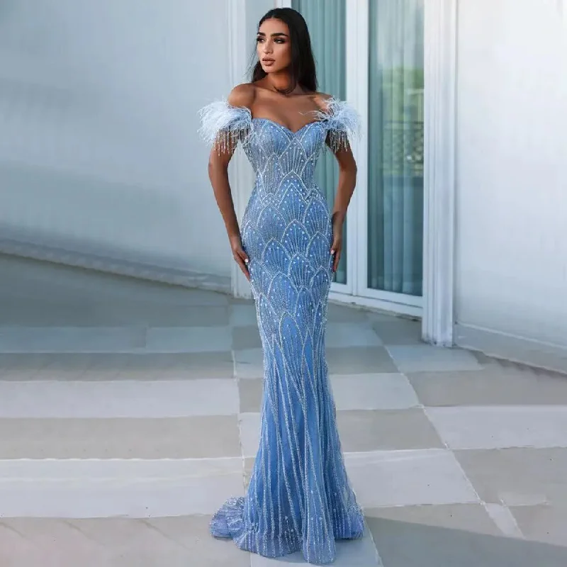Serene Hill Blue Mermaid Elegant Off Shoulder Feather Beaded Evening Dresses Gowns Long 2024 For Women Party LA72028 Serene Hill Blue Mermaid Elegant Off Shoulder Feather Beaded Evening Dresses Gowns Long 2024 For Women Party LA72028
