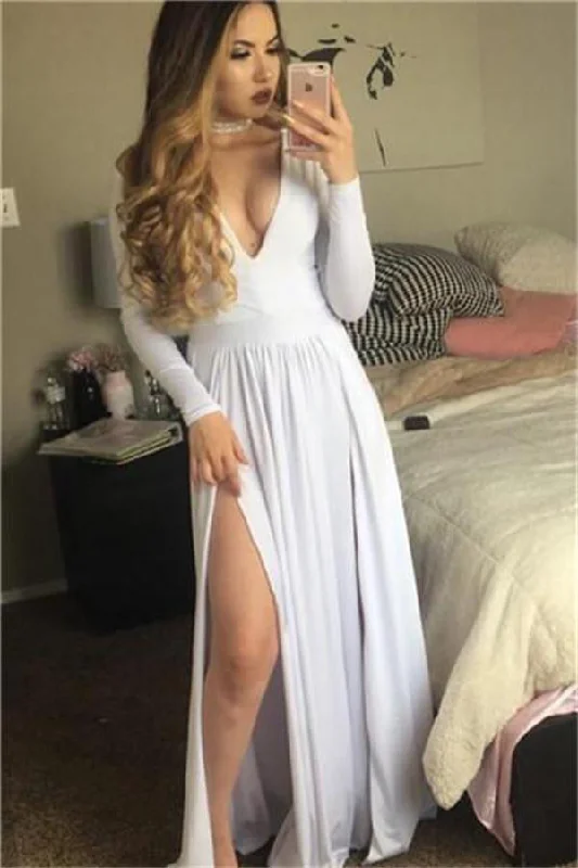 Simple White Long A-line V-neck Long Sleeves Prom Dress