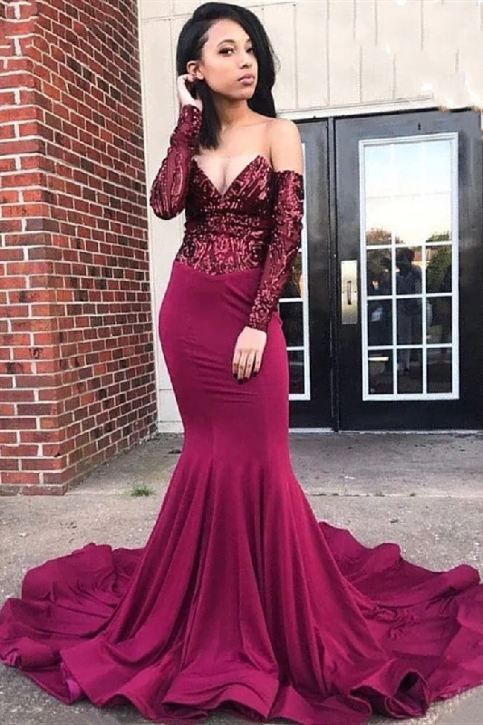 Mermaid Sequins Burgundy Prom Dresses  | Off-the-shoulder Long Sleeve Evening Gowns