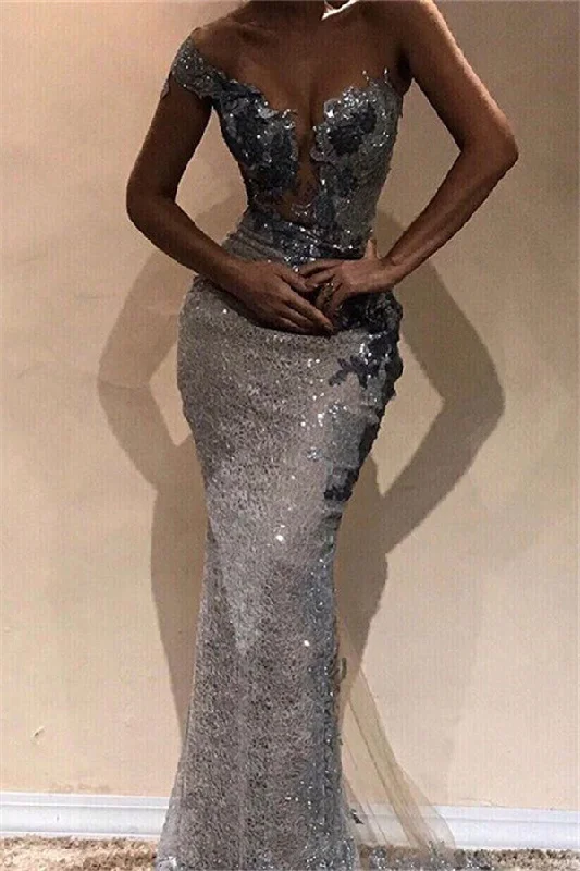 Cap Sleeves Floor Length Mermaid Prom Dresses | Gorgeous Sequins One-Shoulder V-Neck Dresses Cap Sleeves Floor Length Mermaid Prom Dresses | Gorgeous Sequins One-Shoulder V-Neck Dresses