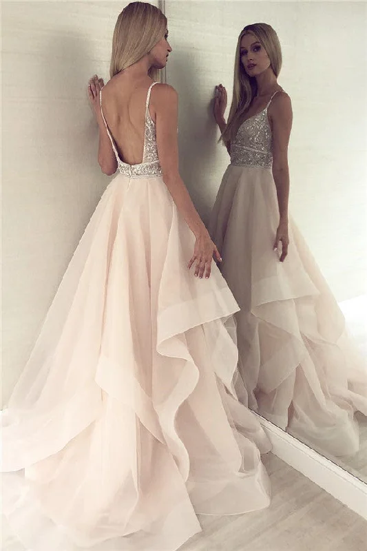 Sparkly Beads Sequins Backless Sexy Prom Dresses  | Spaghetti Straps Champagne Evening Dresses