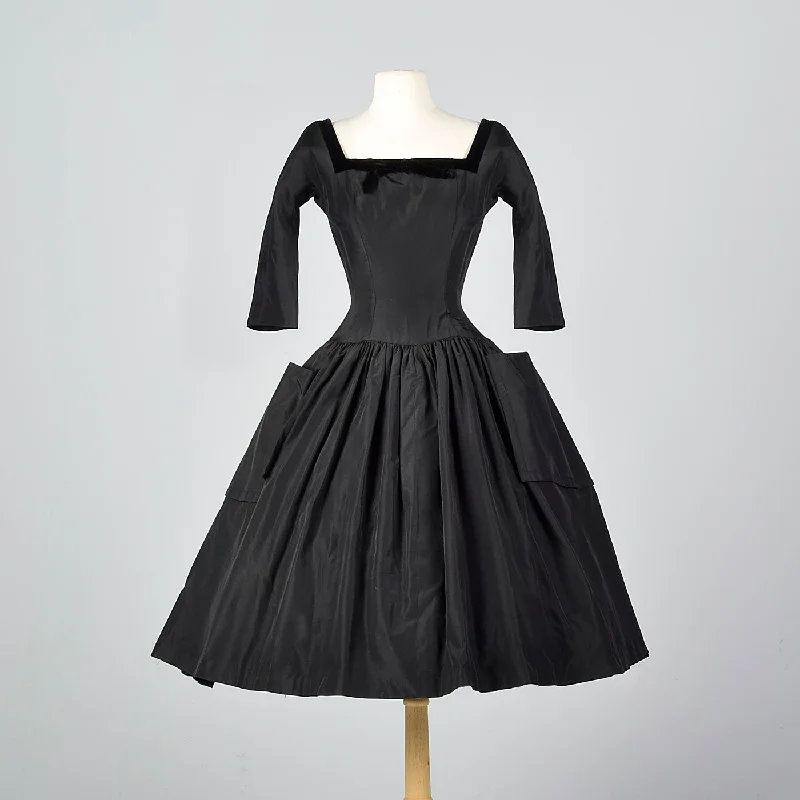 1950s Black Dress with Full Circle Skirt and Patch Pockets