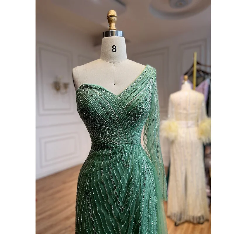 Serene Hill Sexy One Shoulder Split Mint Mermaid Beaded Arabic Evening Dresses Gowns For Woman Wedding Party 2024 LA71859 Serene Hill Sexy One Shoulder Split Mint Mermaid Beaded Arabic Evening Dresses Gowns For Woman Wedding Party 2024 LA71859