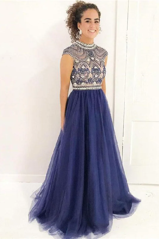 Elegant A-line High Neck Cap Sleeves Long Blue Tulle Beading Prom Dress