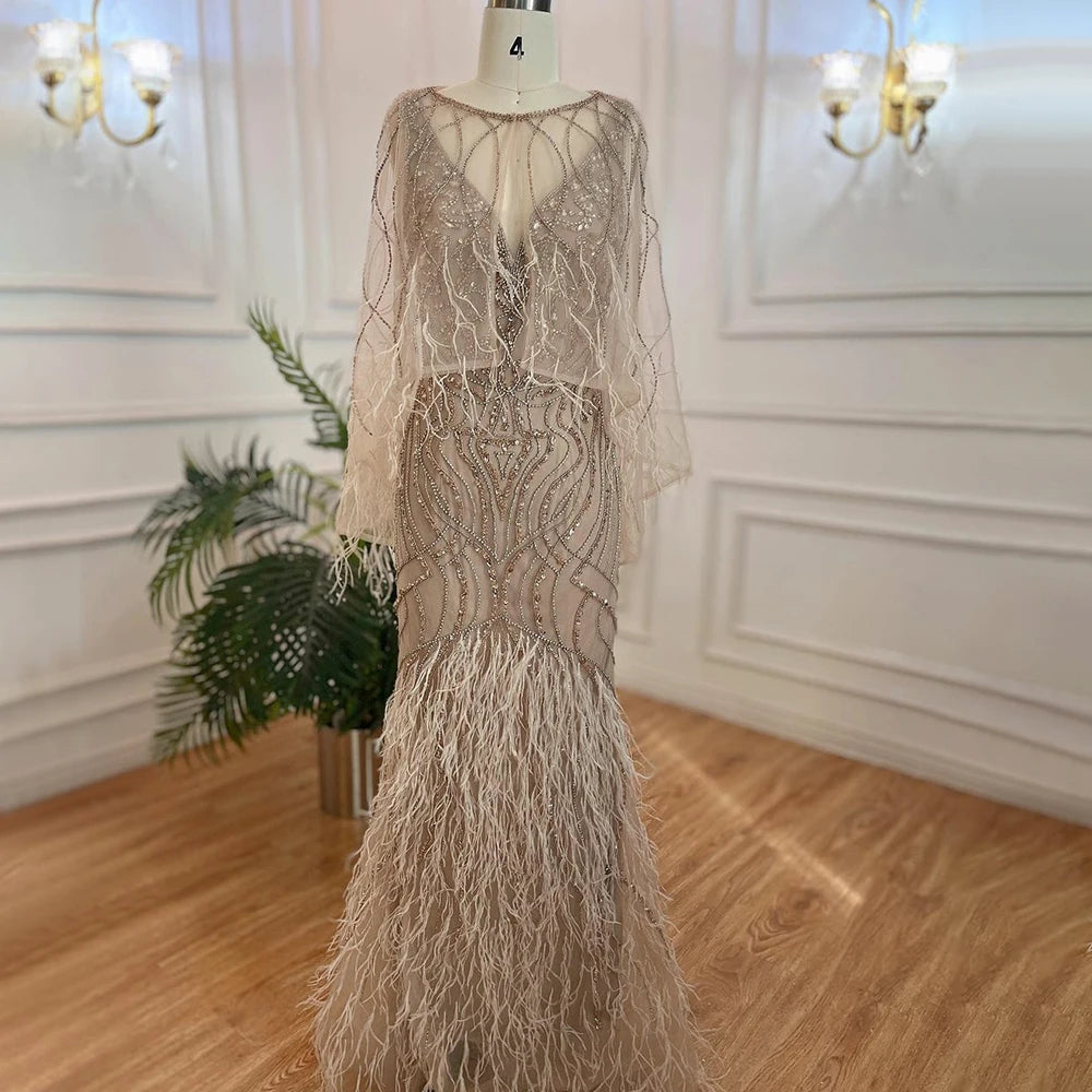 Serene Hill Caramel Mermaid Beaded Evening Dresses Gowns Feather Luxury Elegant For Woman Wedding Party 2024 LA71866 Serene Hill Caramel Mermaid Beaded Evening Dresses Gowns Feather Luxury Elegant For Woman Wedding Party 2024 LA71866