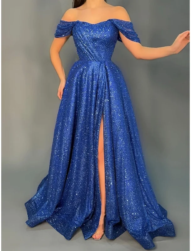A-Line Evening Gown Elegant Dress Formal Sweep / Brush Train Short Sleeve Off Shoulder Lurex Fabric with Glitter Pleats Slit A-Line Evening Gown Elegant Dress Formal Sweep / Brush Train Short Sleeve Off Shoulder Lurex Fabric with Glitter Pleats Slit