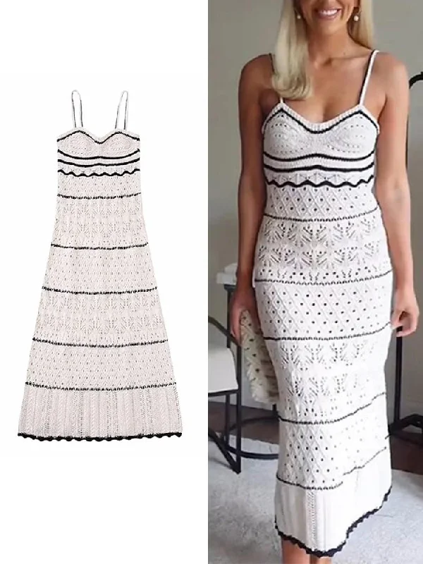 Wjczt 2023 Summer New Women's Beach Style Knitted Slim Fit Slim Strap Long Dress Solid Color Knitted Hollow Elegant Tight Dress