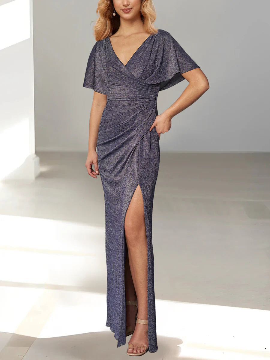 Tight fit/column hanging sleeve with deep V-neck and ground length slit mother of the bride dress Tight fit/column hanging sleeve with deep V-neck and ground length slit mother of the bride dress