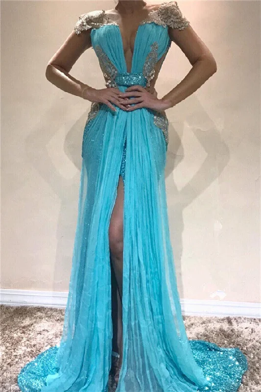 Sexy Backless Shiny Sequins Evening Dresses  | Front Split Appliques Prom Dresses