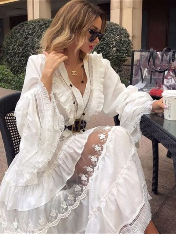 Wjczt Autumn Long Dress Women Fashion V Neck Lace Patchwork Noble Elegant Evening Party Night Dress Women Holiday Style