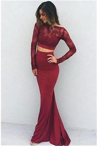Long Two Pieces Long Sleeves Mermaid Burgundy Lace Prom Dress