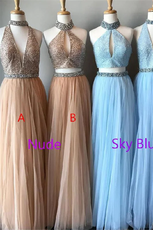 Sparkly Flowy A-line Long Sleeves Beaded Tulle Graduation Dress Prom Dress