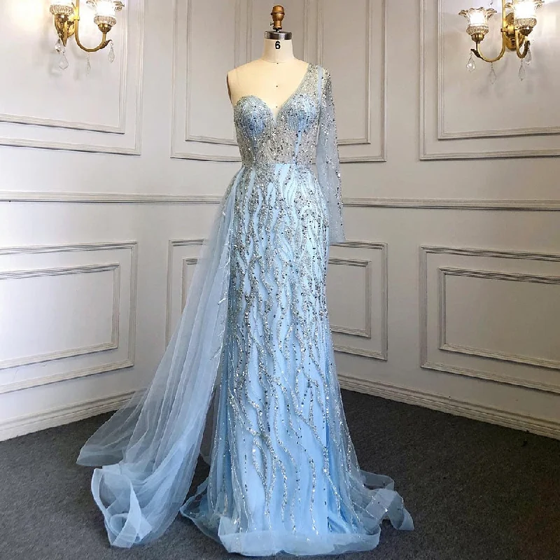 Serene Hill Blue Mermaid Sexy Elegant One Shoulder Evening Dresses Gowns Beaded Luxury  2024 For Women Party LA71629